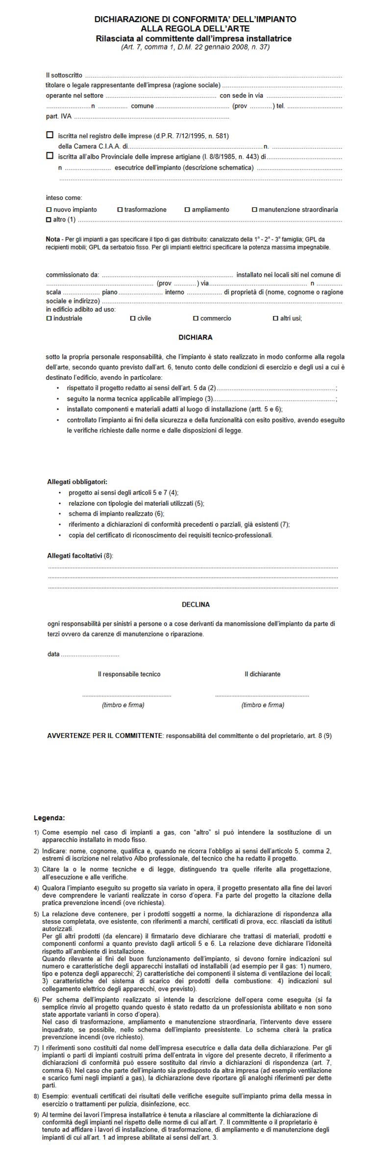 Modulo certificazione impianti elettrici